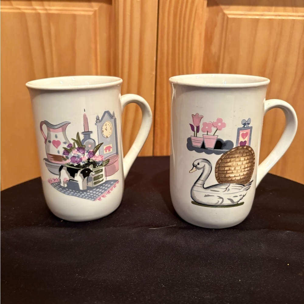 "Country Kitchen" or "Country Cottage" style ceramic mugs vintage set of 2